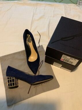 Brian Atwood blue suede block heels 8